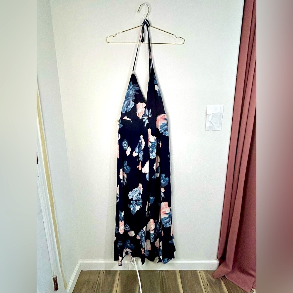 Simplee Floral Halter Maxi Dress Medium Navy Pink Blue Boho Summer Beach